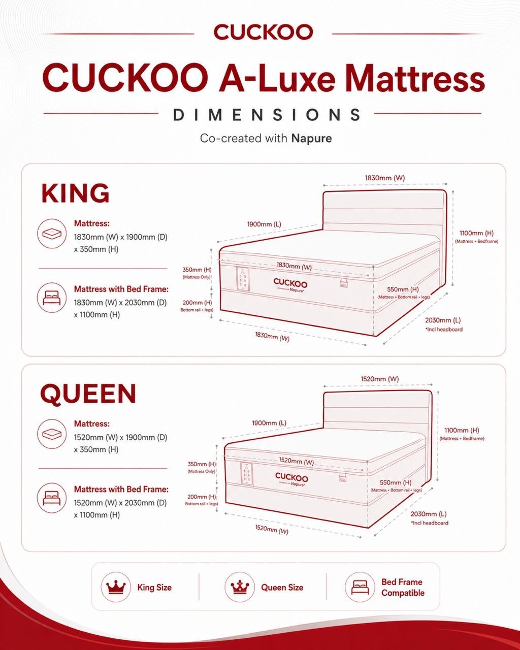 A-Luxe — Dimensions (King & Queen with Bed Frame)