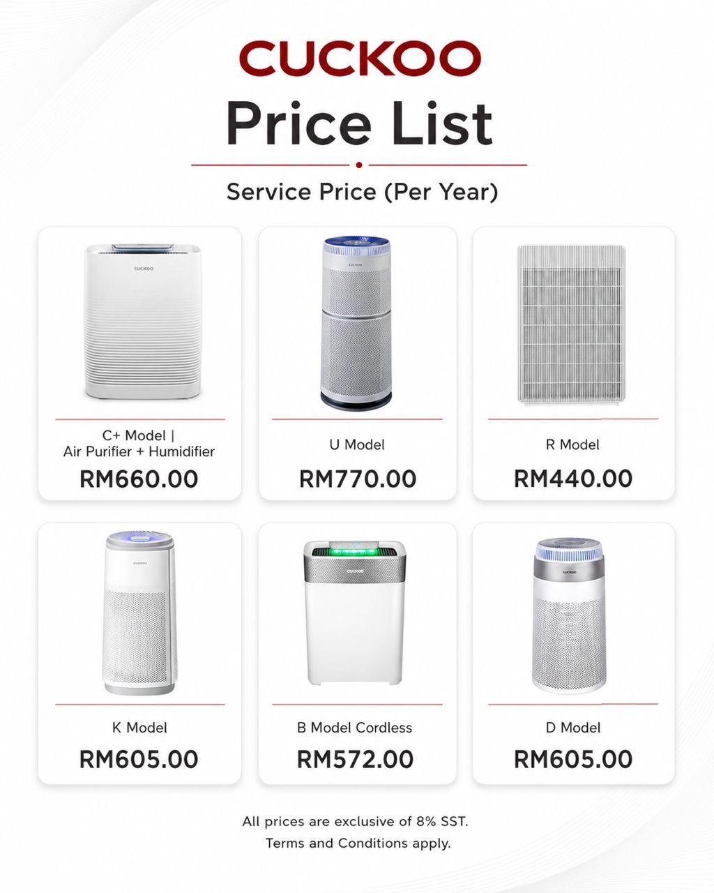 Cuckoo Price List — Service Price Per Year untuk semua model penapis udara (C+ Model, U Model, R Model, K Model, B Model Cordless, D Model)