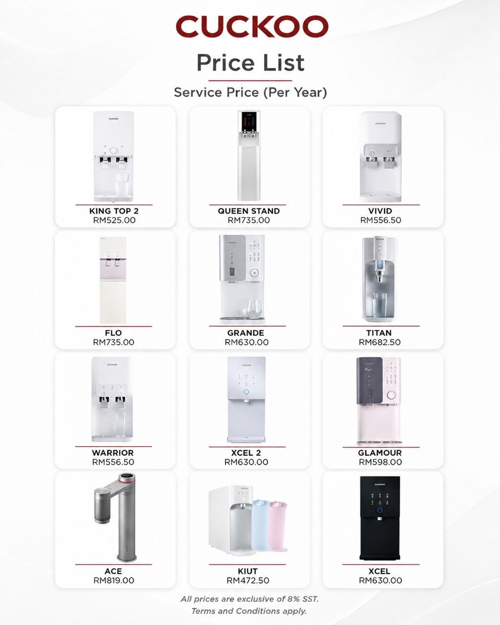 Cuckoo Price List — Service Price Per Year untuk semua model penapis air (King Top 2, Queen Stand, Vivid, Flo, Grande, Titan, Warrior, Xcel 2, Glamour, Ace, Kiut, Xcel)